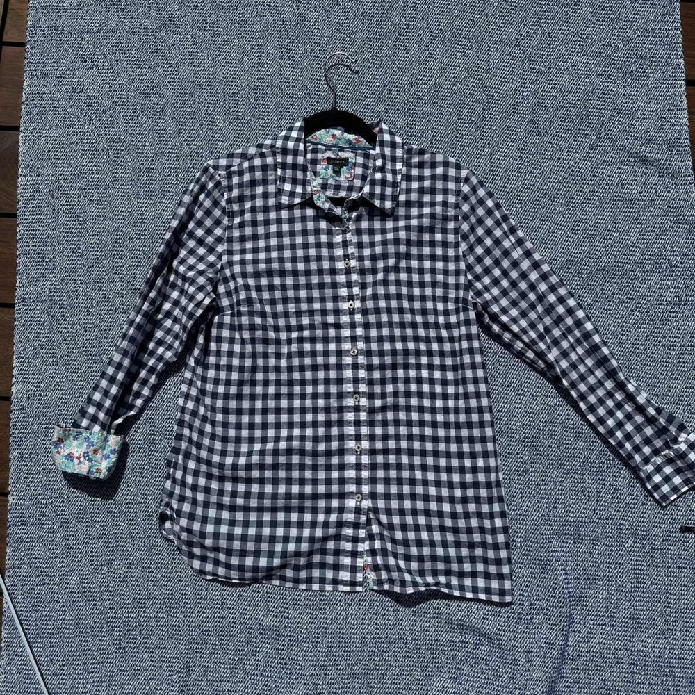 Talbots Womens Navy Blue & White Checkered Button-Down Shirt W/ Floral Accent De